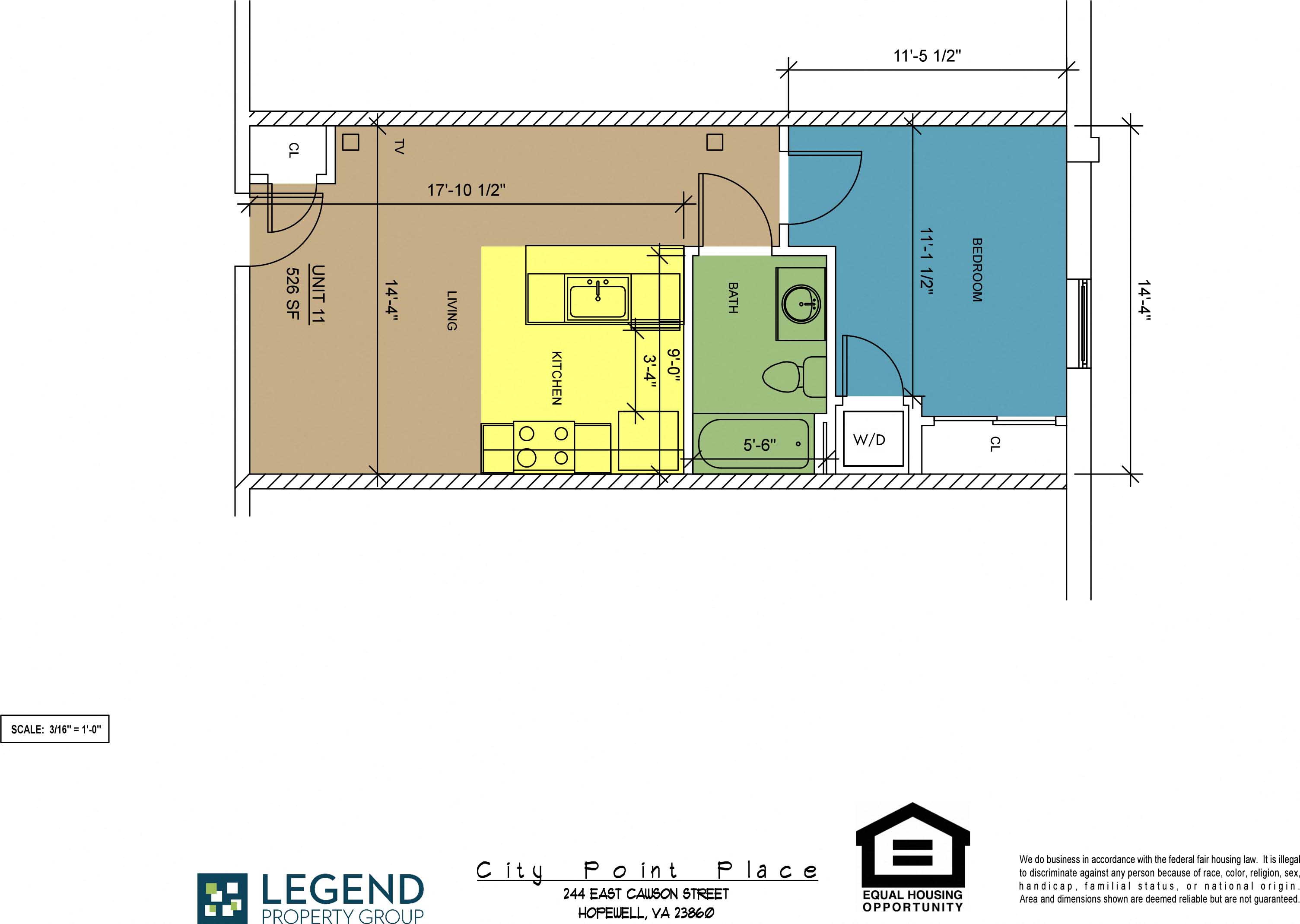 Floor plan for 1 bed, 1 bath, 526 sqft